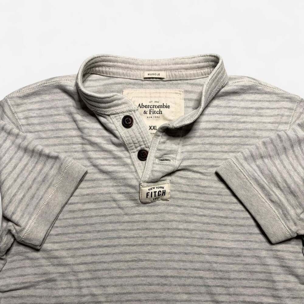 Abercrombie & Fitch Muscle Henley Shirt XXL 2XL Striped New York Grey Y2K Embroi